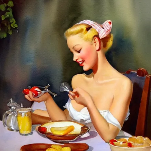 Image similar to woman making breakfast watercolor painting by gil elvgren and vladimir volegov