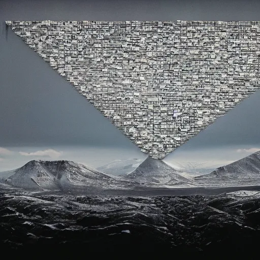 Image similar to a mountain made out of computer screens that display bitcoin logos, cinematic, post apocalyptic landscape, harsh contrast lighting, in the style of photorealism, made by richard estes robert cottingham gerhard richter robert longo ellen altfest