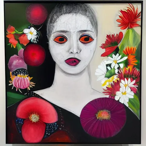 Prompt: “art in an Australian artist’s apartment, portrait of a woman wearing black silk cloth, eating luscious fresh raspberries and strawberries and blueberries, white wax, edible flowers, Japanese pottery, Australian native flannel flowers ikebana, black walls, acrylic and spray paint and oilstick on canvas”