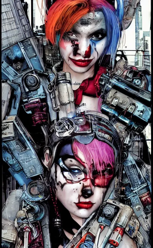 Prompt: a dream portrait of cyberpunk Harley Quinn in post apocalyptic Gotham art by Paul Dini, Travis Charest, Simon Bisley, centered in frame