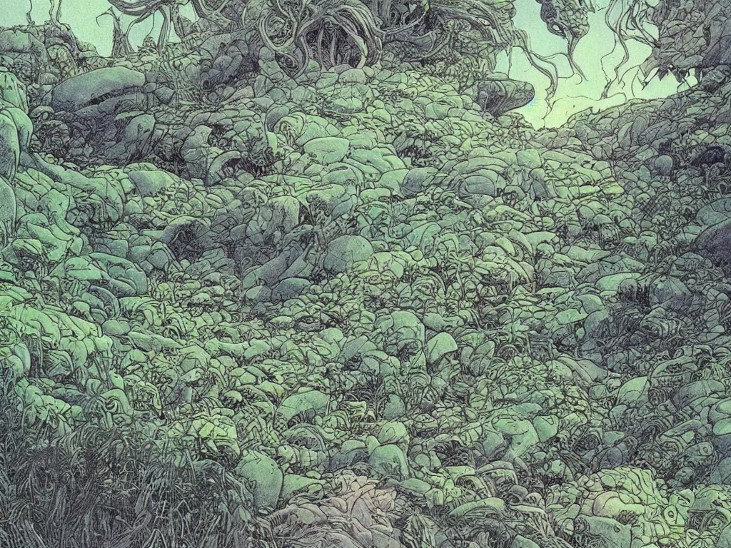 Image similar to moebius drawing painting lush alien landscape