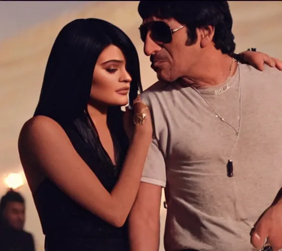 Prompt: a movie still of kylie jenner with tony montana in the movie scarface 2 0 4 9