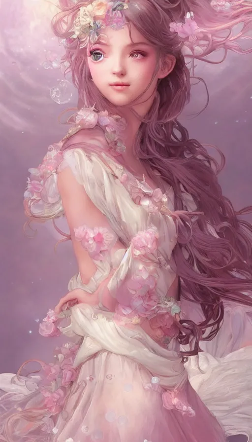 Prompt: portrait of magical girl, dreamy and ethereal, expressive pose, big pink eyes, peaceful expression, ornate frilly dress, fantasy, intricate, elegant, many rainbow bubbles, rose tones, highly detailed, digital painting, artstation, concept art, smooth, sharp focus, illustration, art by artgerm and greg rutkowski and alphonse mucha
