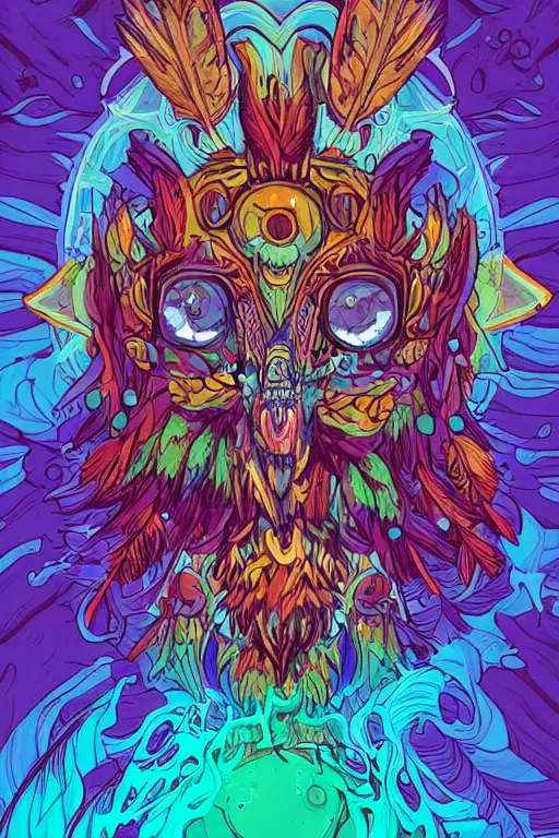 Image similar to animal mask totem roots flower tribal feather gemstone plant wood rock shaman vodoo video game vector illustration vivid multicolor borderlands comics by josan gonzales and dan mumford radiating a glowing aura