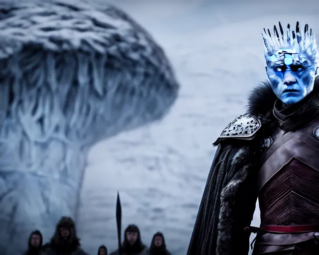 Image similar to justin sun as night king in game of thrones inside large clear ice teardrop, crimson - black bee army behind, 4 k, epic, cinematic, focus, movie still, fantasy, extreme detail, atmospheric, dark colour, sharp focus
