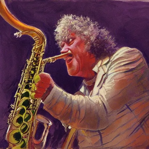 Prompt: tyrannosaurus rex dinosaur playing a saxophone on stage at a jazz club. gouache art painting by James Gurney.