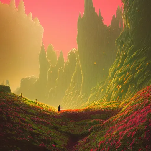 Image similar to a fantastic hyperdetailed 3 d matte painting of shrek partially covered in overgrowing wildflowers on an alien planet under arctic moonlight by moebius by beeple by by jakub rozalski by paul lehr by dan mumford