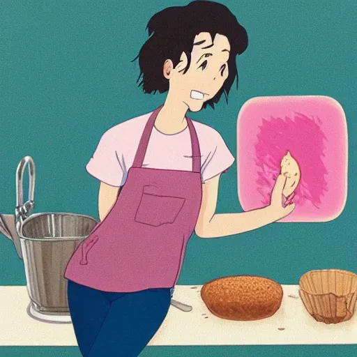 Image similar to portrait of a smiling woman with dark curly hair in a pink t-shirt shirt and high-rise jeans making sourdough in sunlit kitchen, by studio ghibli