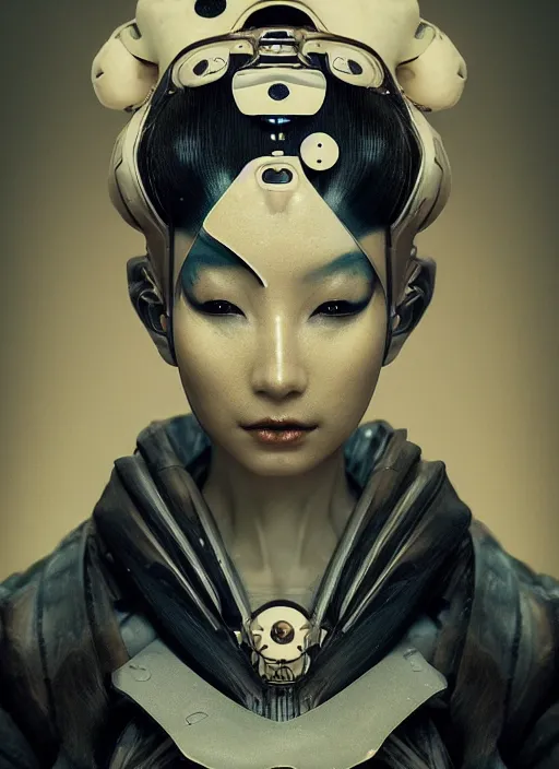 Image similar to portrait of a futuristic geisha cyborg, kintsugi, modern fine art, fractal, intricate, elegant, highly detailed, digital photography, subsurface scattering, by jheronimus bosch and we andersom and greg rutkowski,