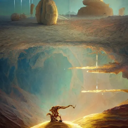 Prompt: A fresco painting of a nomadic wanderer traversing a corrupted futuristic crystal desert, intricate landscape, by Jacek Yurka, Kelly Freas, Filip Hodas, Paul Lehr