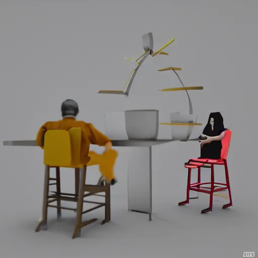 Image similar to postmodern era, social media age, a person sits in a high chair staring delectably, a human moderator chewing on the arbitrary egregore of their community group, art depicting control freak, trending, rendered in eevee, blender 3 d