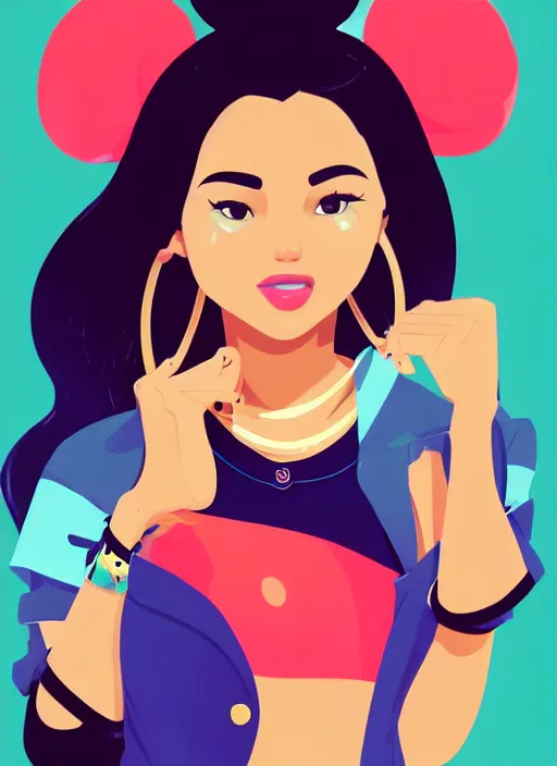 Prompt: woman, black hair, tan skin, curvy, slight resemblance to selena gomez with mickey mouse ears. colorful clothes. clean cel shaded vector art. shutterstock. behance hd by lois van baarle, artgerm, helen huang, by makoto shinkai and ilya kuvshinov, rossdraws, illustration,