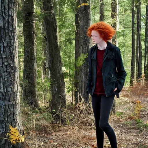 Prompt: of a wild haired red headed gangly teenaged sleuth like a cross between Doctor Who and Nancy Drew, searches the forest of a northern Ontario town.