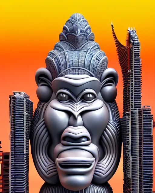 Image similar to high quality 3 d futurist biomorphic hanuman! head building in mumbai!! centre, highly detailed, cinematic smooth, berenice abbott & john j. park, dramatic warm morning light, wide shot, high angle, uhd 8 k, sharp focus