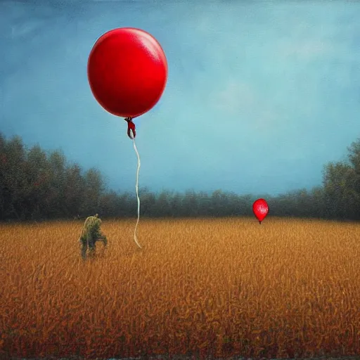 Image similar to grunge painting of cornfield with a red balloon by chris leib, horror theme, detailed, elegant, intricate, conceptual, volumetric light