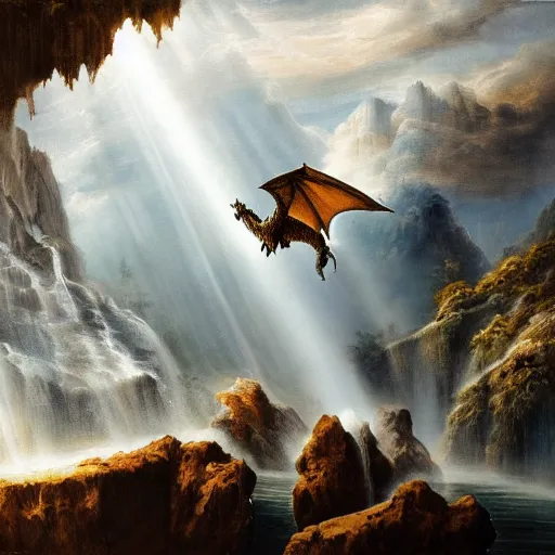 Image similar to oil painting of a dragon flying in the air near a cave with a waterfall in the center, light emanating from the waterfall leading to a big pool of water, dragon has black and white siberian tiger stripes, elegant, sharp focus, wide shot, clear, detailed, early renaissance