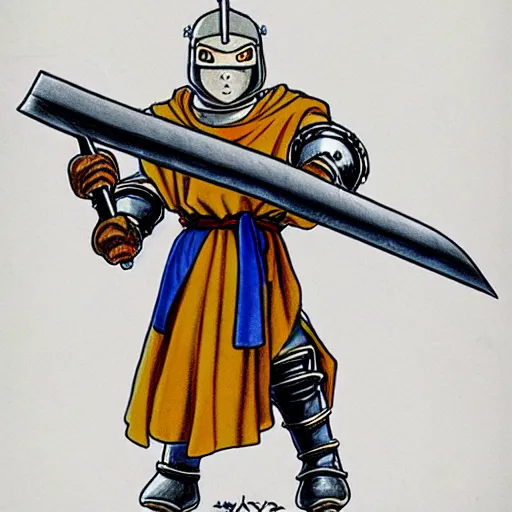 Image similar to medieval holy crusader beaver, original Akira Toriyama character design, holding an enormous sword, color pencil sketch, Akira Toriyama style