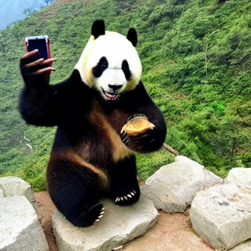 Prompt: a giant panda takes a selfie in front of the Himalayas