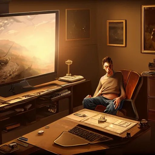 Image similar to realistic rich man using laptop in gaming room, artstation trends, future concept art, highly detailed, intricate, sharp focus, digital art, 8 k