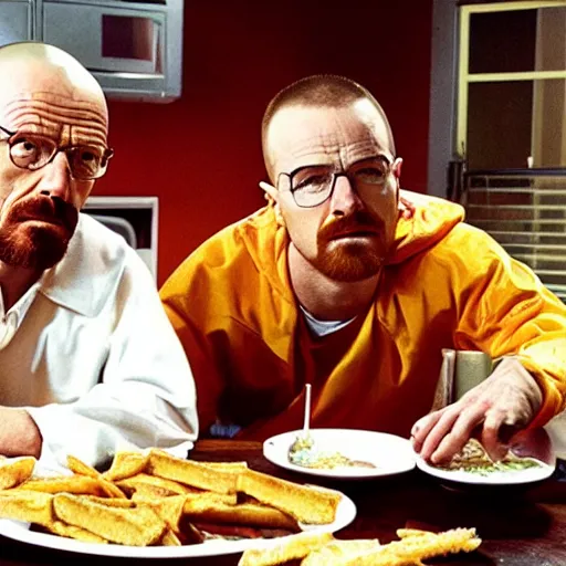 Image similar to walter white and jesse pinkman eating hamburger