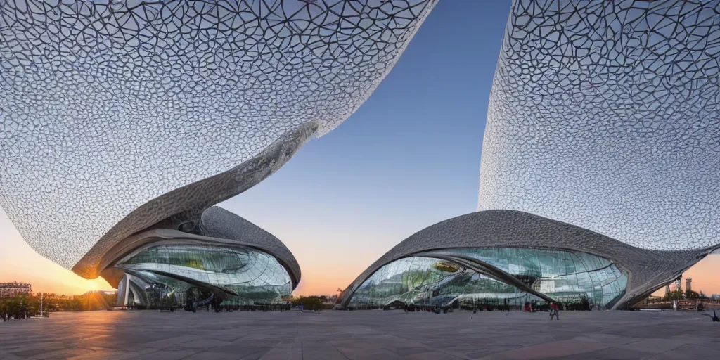 Prompt: extremely detailed ornate stunning sophisticated beautiful elegant futuristic museum exterior by Zaha Hadid, stunning volumetric light, sunset, 8k dragonfly structural pattern