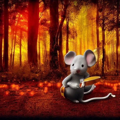 Image similar to musician mouse with drum, fantasy forrest, golden hour, digital art, medium shoot