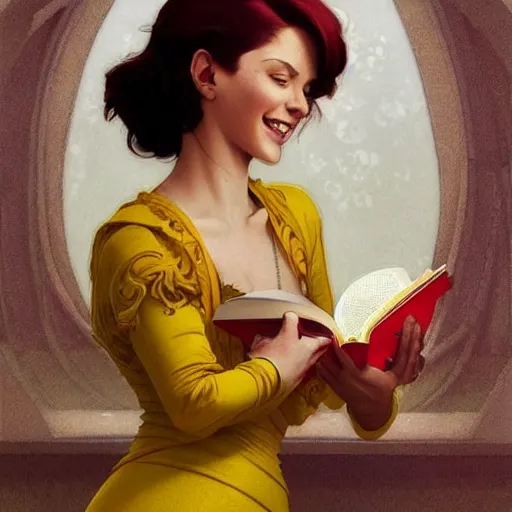 Image similar to a smiling beautiful woman with short red hair wearing a yellow dress and reading a book, blue eyes, masterpiece, intricate, elegant, highly detailed, digital painting, artstation, concept art, smooth, sharp focus, illustration, art by artgerm and greg rutkowski and alphonse mucha and uang guangjian and gil elvgren and sachin teng, symmetry!!