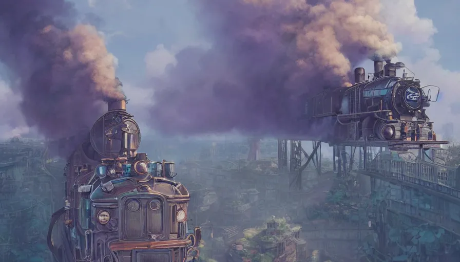 Image similar to A highly detailed matte painting of the biggest steampunk train ever, with smoke, by Studio Ghibli, Makoto Shinkai, by Artgerm, by beeple, by Greg Rutkowski, volumetric lighting, octane render, 4K resolution, trending on artstation, masterpiece