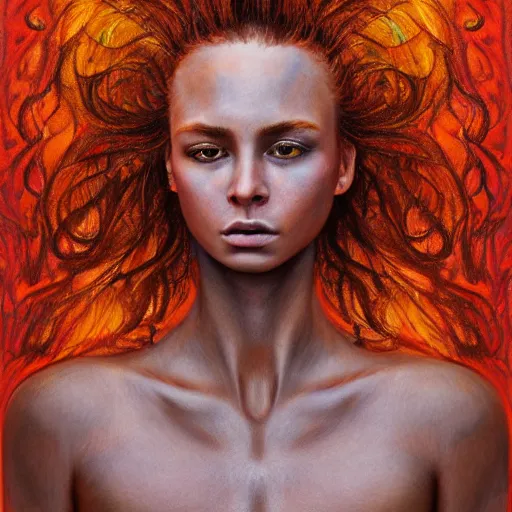 Image similar to Intricate five star Fire Sprite portrait by Anna Kullberg, Colored pencil on paper, high detail, skin texture, photo realistic, hyperrealism,matte finish, high contrast, 3d depth, masterpiece, vivid colors, artstationhd