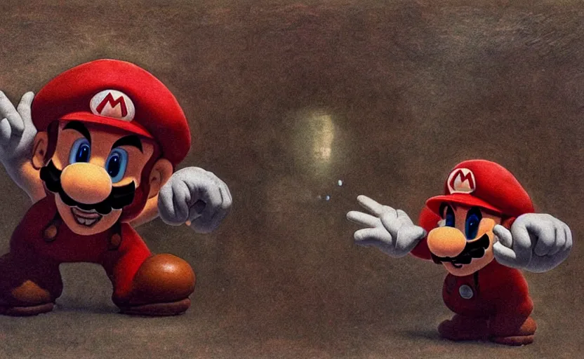 Image similar to super Mario faces off against Bowser by Beksinski