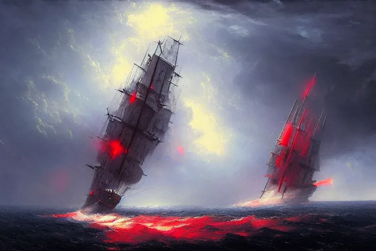 Image similar to A beautiful matte painting of huge alien spaceship attacking with powerful red lasers a Sailship in ocean in thunderstorm by Greg Rutkowski and Ivan aivazovsky