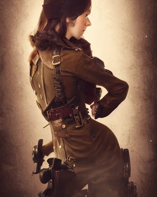Image similar to Young girl in steampunk clothes, she wears boots and holds a gun, full body shot, sharp focus, photography, very detailed, dark hair, octane render, by greg rutkowski, by nikon, by Iphone, 4k