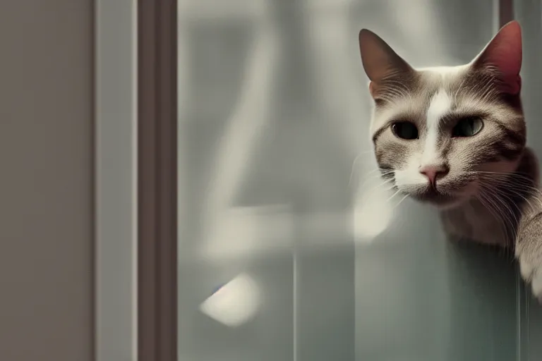 Image similar to vfx film closeup, cat on a window ledge, flat color profile low - key lighting award winning photography arri alexa cinematography, hyper real photorealistic cinematic, atmospheric cool colorgrade