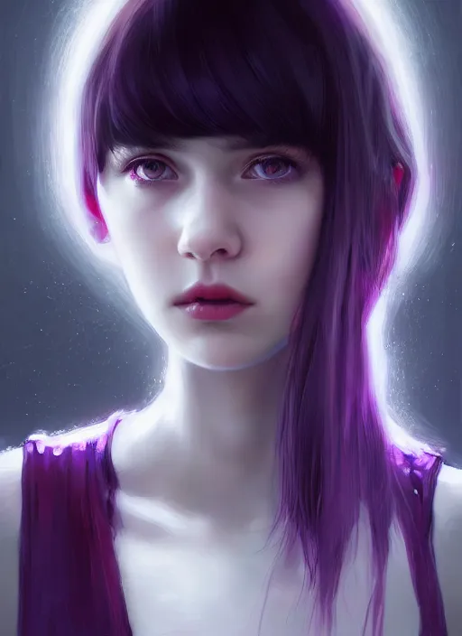 Image similar to portrait of teenage girl, red irises, bangs, black and white hair, white bangs, purple clothes, white bangs, bangs, black hair and white bangs, intricate, elegant, glowing lights, highly detailed, digital painting, artstation, concept art, smooth, sharp focus, illustration, art by wlop, mars ravelo and greg rutkowski