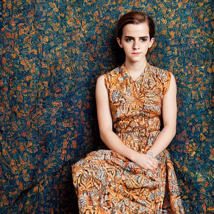 Prompt: a portrait of Emma Watson wearing batik dress, by Charlotte Grimm, natural light, detailed face, CANON Eos C300, ƒ1.8, 35mm, 8K, medium-format print