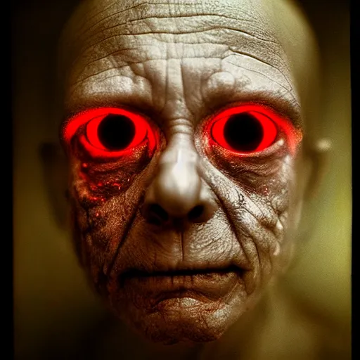 Prompt: a realistic photograph of a alien with glowing red eyes taken by sally mann, portrait, hazy, muted colors, detailed, bleak, 125mm