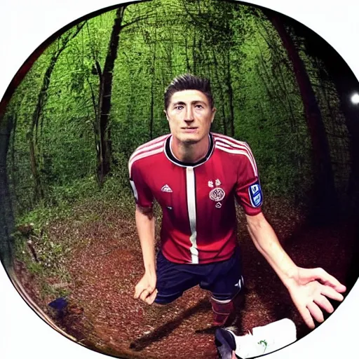 Prompt: robert lewandowski caught on trail cam at night, fisheye!!!