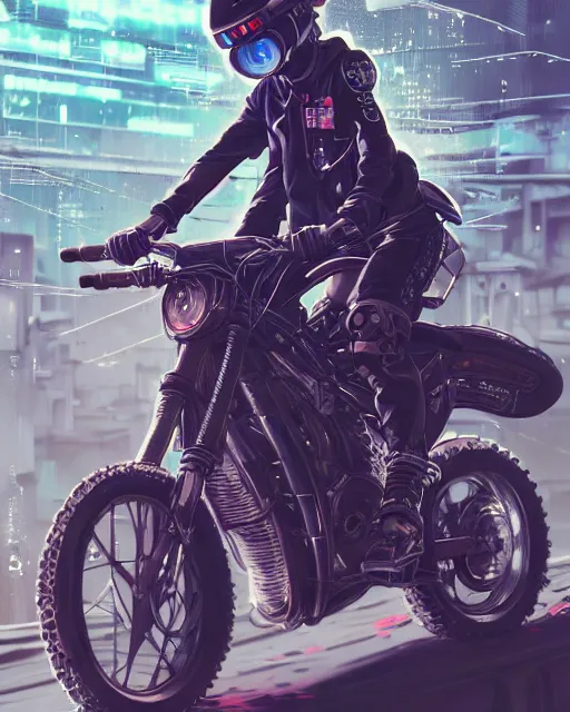 Prompt: kyoto animation girl wearing cyberpunk intricate streetwear riding dirt bike, respirator, detailed portrait, cell shaded, 4 k, concept art, by wlop, ilya kuvshinov, artgerm, krenz cushart, greg rutkowski, pixiv. cinematic dramatic atmosphere, sharp focus, volumetric lighting, cinematic lighting, studio quality