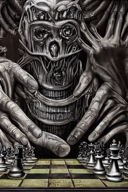 Image similar to chess painted in the syle of giger, giger art, extremely detailed, 4 k