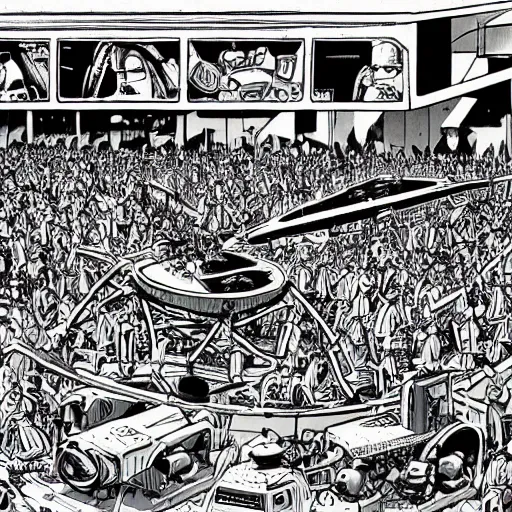 Image similar to Where's Waldo, on a futuristic robot battlefield