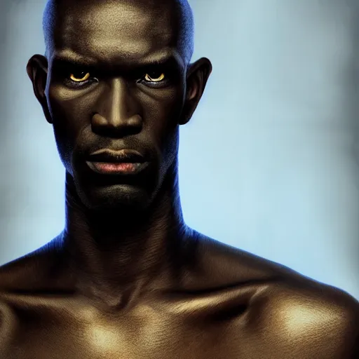 Prompt: portrait of a slender black man with angry face. Epic fantasy. hyperrealism. symetric face cinematic top lighting, insanely detailed and intricate, face by wlop, Frank frazeta, Lucas Graciano Boris Vallejo. Character Art. High Fantasy. golden ratio, symmetric matte painting, cinematic, trending on artstation, deviantart and cgsociety, 8k, high resolution