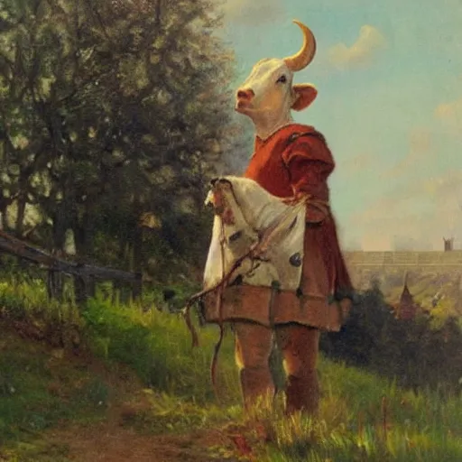 Image similar to painting by zorn, cow wearing!!! clothes!!! standing next to royal castle!!