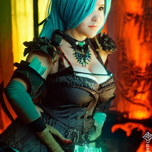 Image similar to a closeup photorealistic capture of 2 b nier auomata cosplay. tiki theme. bright scene. fine detail. this 4 k hd image is trending on artstation, featured on behance, well - rendered, extra crisp, features intricate detail, epic composition and the style of unreal engine.