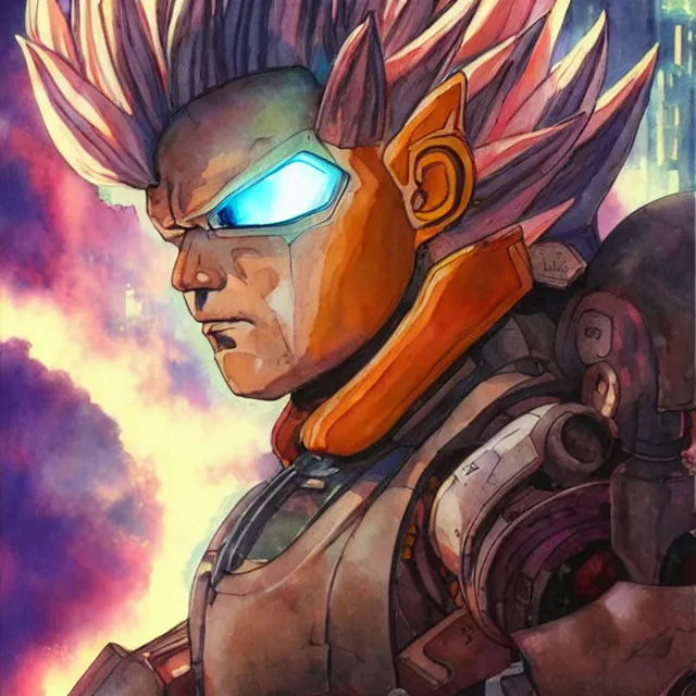 Prompt: a watercolor painting of a cyborg super saiyan with a broken halo floating over their head in the style of cyberpunk in the style of moebius trending on artstation deviantart pinterest hyper detailed photorealistic highlights and shadow hd 8 k post - processing high resolution