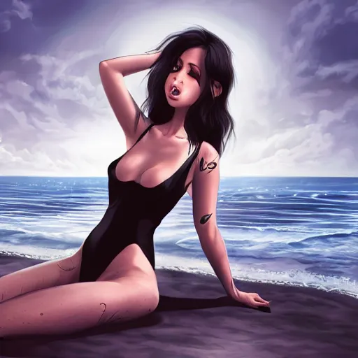 Prompt: hot young woman with pale grey skin and void eyeballs, long white hair, tattooed body, sunbathing on the beach in a swimsuit, drinking cocktail with a wink, no nudity, digital art, artstation, dark art, concept art, 4 k, 8 k