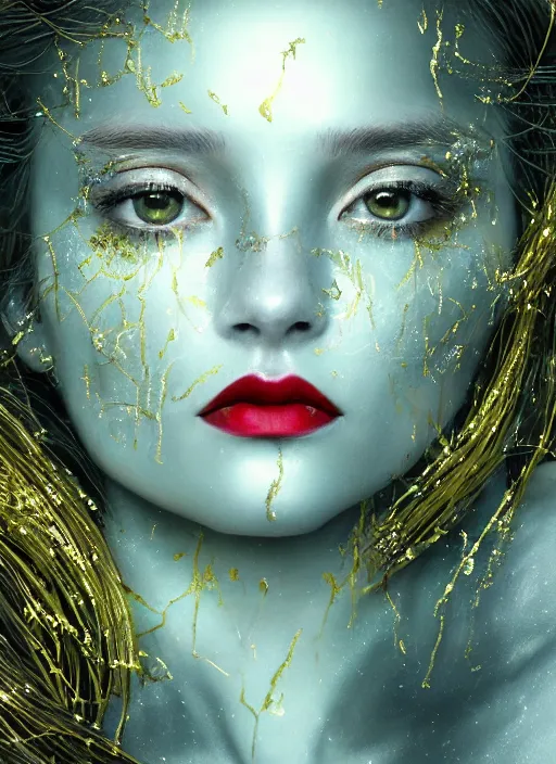 Prompt: glowing silver and golden elements, full close-up portrait, dark witch from shutterstock, book cover, green forest, white moon, red lips, establishing shot, extremly high detail, photo-realistic, cinematic lighting, pen and ink, intricate line drawings, by Yoshitaka Amano, Ruan Jia, Kentaro Miura, Artgerm, post processed, concept art, artstation, matte painting, style by eddie mendoza, raphael lacoste, alex ross