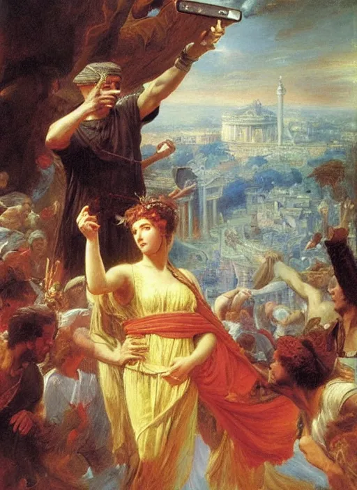 Image similar to julius caesar taking a selfie as rome burns behind him by vladimir volegov and alexander averin and pierre auguste cot and delphin enjolras