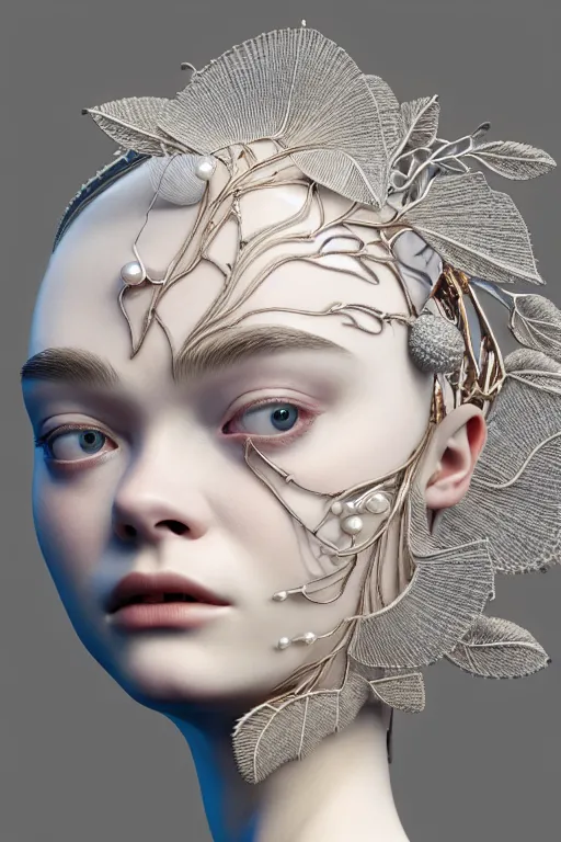 Prompt: complex 3d render ultra detailed of a beautiful porcelain profile elle fanning face, biomechanical cyborg, analog, 150 mm lens, beautiful natural soft rim light, big leaves and stems, roots, fine foliage lace, silver dechroic details, massai warrior, Alexander Mcqueen high fashion haute couture, pearl earring, art nouveau fashion embroidered, steampunk, intricate details, mesh wire, mandelbrot fractal, anatomical, facial muscles, cable wires, microchip, elegant, hyper realistic, ultra detailed, octane render, H.R. Giger style, volumetric lighting, 8k post-production