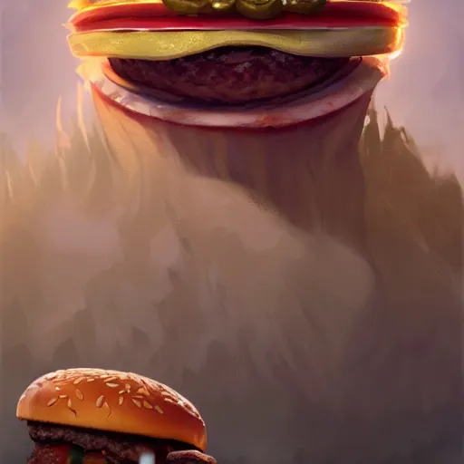 Image similar to a monster with a hamburger head, burger with eyes in the bread, burger with a mouth, teeth between bread and patty, character concept art, fantasy drawing, illustration, highly detailed, hyperrealistic, cgsociety, artstation, oil painting by greg rutkowski