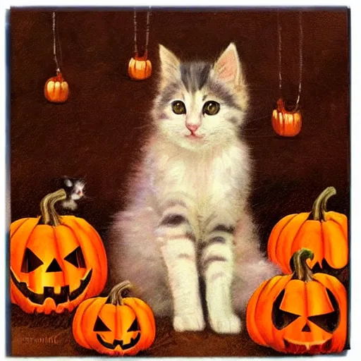 Image similar to a cute fluffy kitten amidst piles of pumpkins. halloween autumn fall art. beautiful painting by henriette ronner - knip and artgerm and greg rutkowski